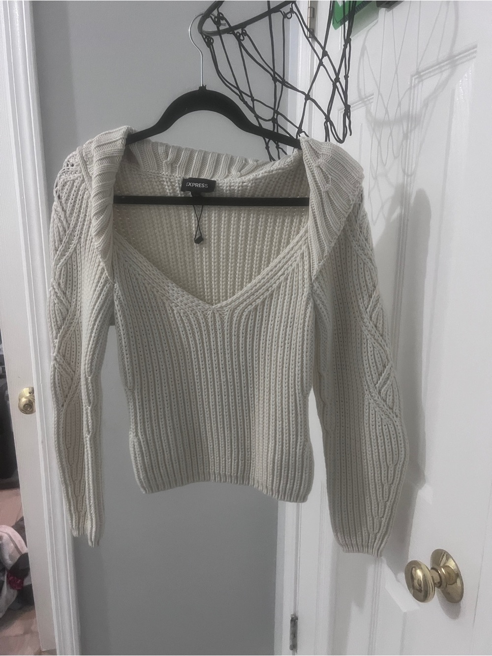 Express Women's Cream V-Neck Hooded Cable-Sleeve Sweater